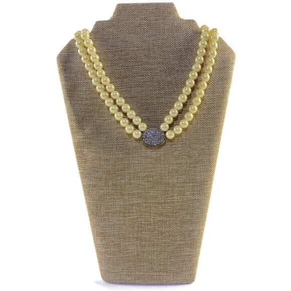 Avon President's Club Faux Pearls Necklace Double String Rhinestones Accents - Picture 3 of 7